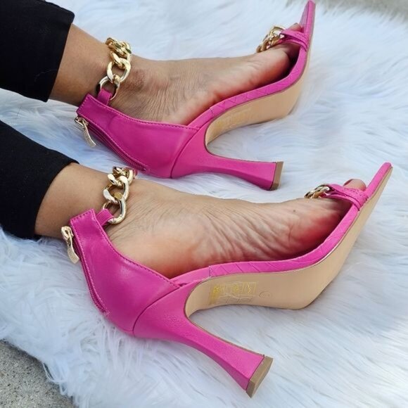 Womens Fuchsia Ankle Strap Heels Chains Stiletto Sandals - Picture 3 of 6